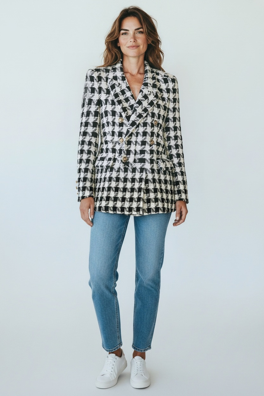 Zara Black and White Houndstooth Tweed Double Breasted Blazer Jacket